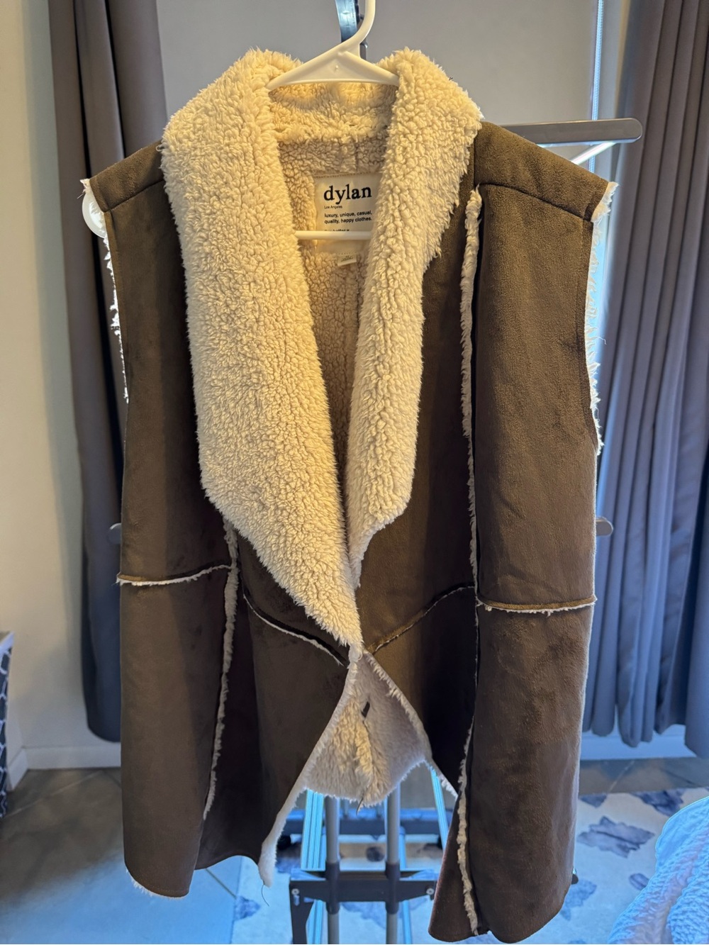 dylan Brown Suede-Look Shearling Vest with Cream Sherpa Lining